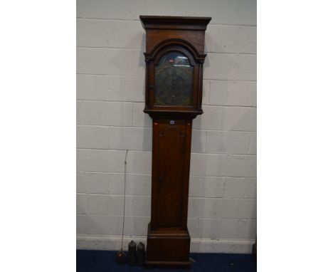 A GEORGE III OAK EIGHT DAY LONGCASE CLOCK, box hood with twin cylindrical columns, the 10'' dial with an arched automaton mov