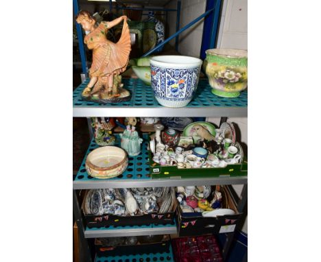 SEVEN BOXES AND LOOSE SUNDRY ITEMS to include Booths 'The Pompadour' part dinner wares, ceramic ornaments, shaving mugs, Staf