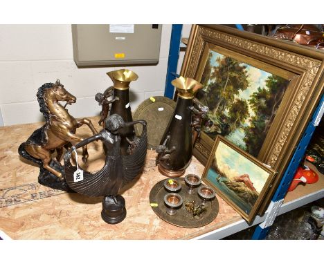 A GROUP OF DECORATIVE BRASS AND SPELTER FIGURES, PITCHERS AND PLATES ETC, with a framed oil on board, of sailship, signed MM,