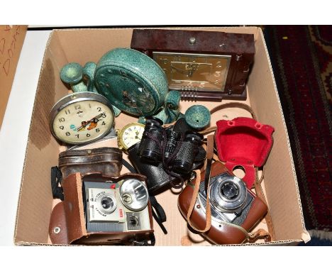 A BOX OF CLOCKS, CAMERAS, etc, including a Shanghai novelty feeding hen alarm clock, a pair of cased mother of pearl opera gl