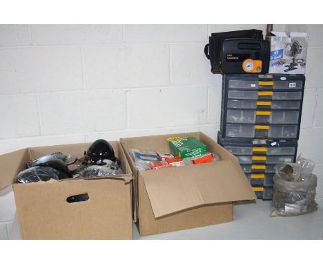 A COLLECTION OF AUTOMATIVE PARTS to include a box containing headlamps, spot lamps, bowls and fittings for Wipac/Lucas/Ford/C