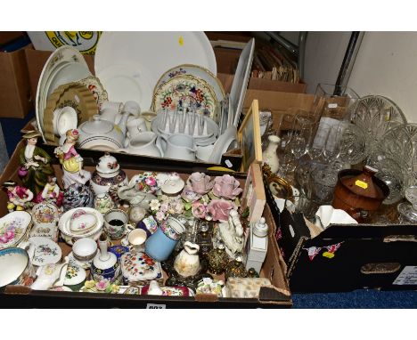 THREE BOXES OF CERAMICS AND GLASS etc, to include Minton and Coalport trinkets, German style porcelain figures, assorted orna