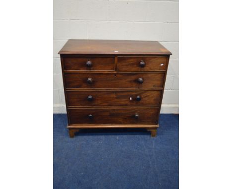 A GEORGIAN MAHOGANY CHEST OF TWO SHORT AND THREE LONG GRADUATING DRAWERS, oak lined drawers and turned handles, on later brac