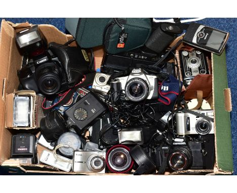 A BOX OF PHOTOGRAPHIC EQUIPMENT to include Canon EOS 700 camera with 35-80 power zoom lens, Canon EOS 300 camera with 28-80 z