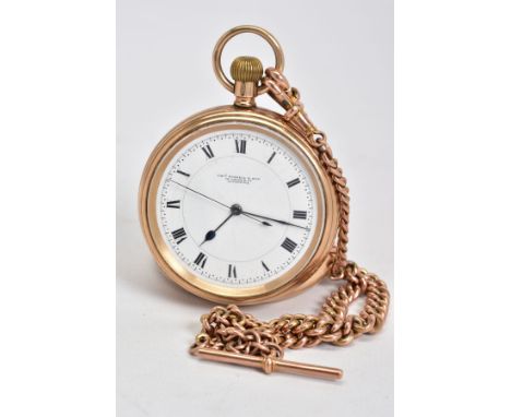 AN EARLY 20TH CENTURY 9CT GOLD POCKET WATCH AND ALBERT CHAIN, an open face, white enamel dial and blue steeled hands, Roman n
