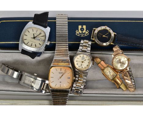 A COLLECTION OF WRIST WATCHES, to include a 9ct gold Rotary wristwatch, silvered dial with yellow batons, a Timex, and two Se