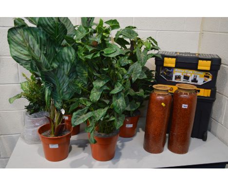 SIX VARIOUS ARTIFICAL PLANTS, together with two tall stoneware vases and a plastic work station/tool box (9)