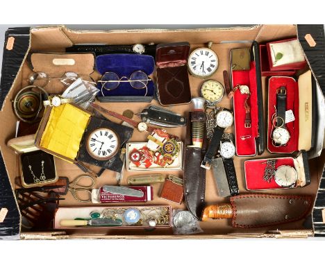 A SELECTION OF ITEMS, to include various pocket watches, wristwatches, medals, hat pins, various costume jewellery, two hunti