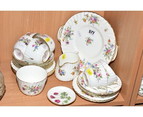 A MINTON MARLOW PATTERN PART TEA SERVICE, comprising twin handled cake plate, six tea cups and saucers, six side plates, milk