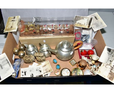 A BOX OF METALWARES, BOXED SILVER JUBILEE STATE COACH MODEL, commemorative crowns, assorted pill and trinket boxes, photograp