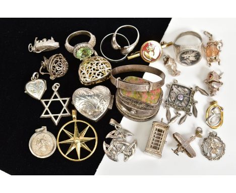 A SELECTION OF ITEMS, to include eight charms such as an owl, boat, plane etc, five pendants such as an openwork bag, an open