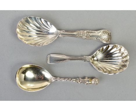 THREE SILVER CADDY SPOONS, to include a Victorian spoon with a cherub to the end of the handle and a twisted design stem, hal
