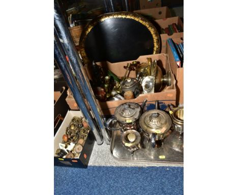 TWO BOXES OF METALWARES AND A FOUR PIECE EPNS TEA SERVICE AND A RECTANGULAR TRAY, an oval papier mache tray, the boxes includ