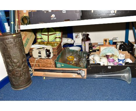 THREE BOXES AND LOOSE OF MISCELLANEOUS ITEMS to include an embossed brass stick stand and contents, a boxed Holbeck 'Automati