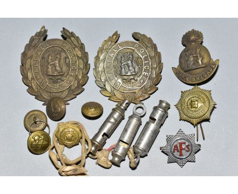 TWO WALSALL HELMET BADGES, with three Acme whistles 'The Referee', 'The City', 'The Girl Guide', assorted Fire Brigade badges