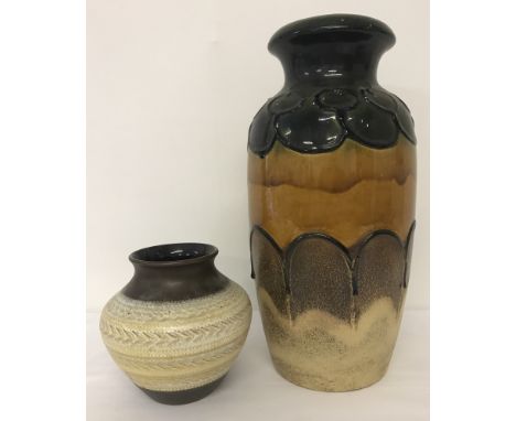 2 vintage West German ceramic vases. A large green, brown and cream Scheurich-Keramik vase #291-38 together with a small brow