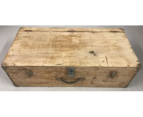 A large vintage pine tool box with drop down front, 2 interior drawers and handle to top.Approx. 41cm tall x 81cm long.