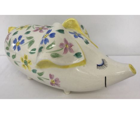 A very large vintage Arthur Woods ceramic piggy bank decorated with hand painted flowers. Royal Bradwell ware sticker to unde