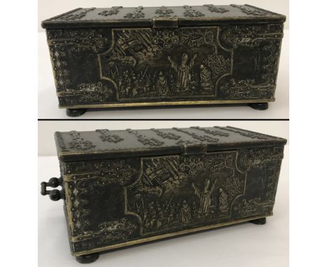 A vintage iron art Copenhagen, Denmark medieval design lidded miniature coffer. Inscription to interior tells the tale of Vla