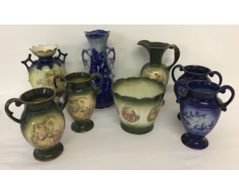 A collection of vintage ceramic vases of classical design. To include a pair of blue &amp; white Staffordshire Old Court Ware