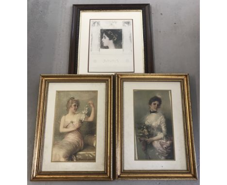 3 vintage framed and glazed prints of classical ladies. A dark framed Gustav Klimt print "JVNIVS" together with a pair of gil