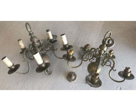 2 vintage 5 arm brass ceiling hanging chandelier style lights.