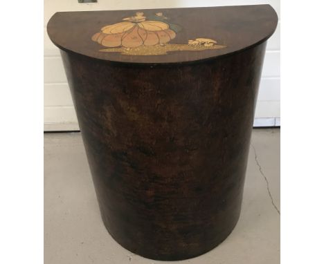 A vintage 1950's half moon shaped dark wood linen basket with inlaid Bo Peep design to lid.Approx. 68cm x 56cm.