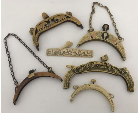 6 vintage decorative handbag frames. To include French made Art Deco Egyptian themed, floral carved and elephant carved.