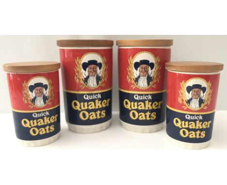 4 ceramic Quick Quaker Oats storage jars by Lord Nelson Pottery. All jars have wooden lids. Makers stamp to base. Smaller jar