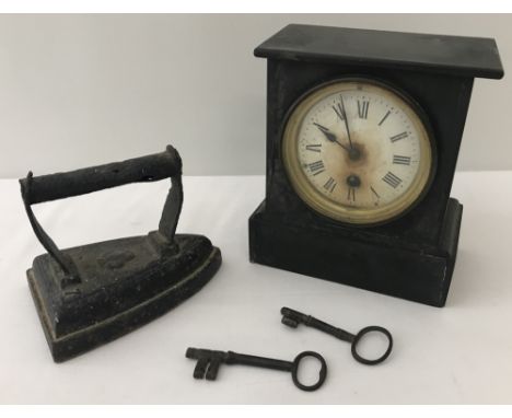 A small vintage slate mantle clock together with a flat iron and 2 old keys. Iron is marked No 7 and has a club emblem. Clock