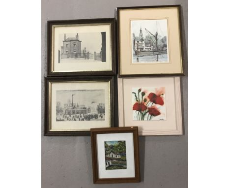 5 small framed &amp; pictures. To include 2 vintage L.S. Lowry prints, Ltd Ed Philip Martin print of The Prospect of Whitby a