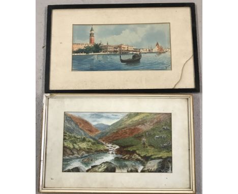 2 vintage watercolours. A fisherman on a river bank together with a continental river scene. Both framed and glazed, indistin