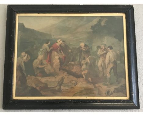A vintage framed and glazed oleograph depicting a family burying their dead.