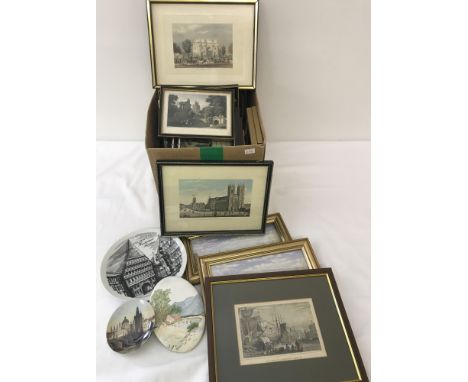 A collection of small framed pictures depicting a variety of rural, city &amp; maritime scenes.To include 2 picture plates of