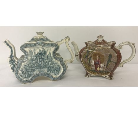 2 late 19th century ornamental decorative ceramic teapots. A green and cream teapot with Indian scenery panel decoration depi
