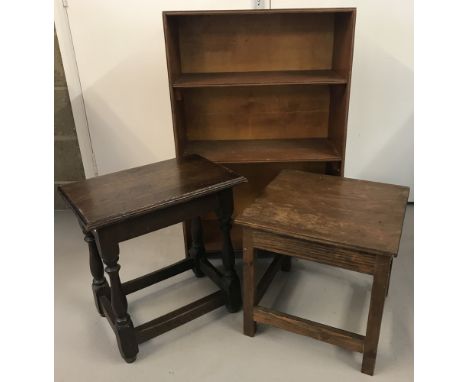 2 small vintage dark wood tables/stools together with a plywood 3 shelf bookcase. Bookcase approx. 91cm tall x 59.5cm wide.