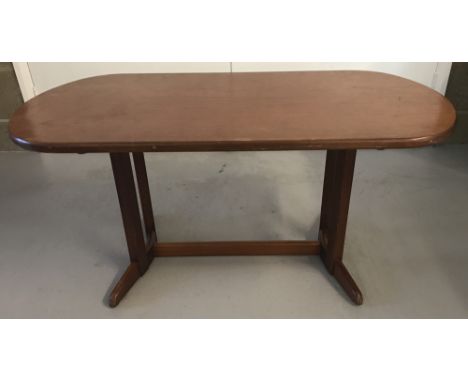 A vintage Jentique teak coffee table with splayed legs and support stretcher. Approx. 48 x 99cm.