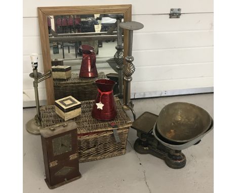 A collection of assorted vintage misc. items. To include: a set of scales, gilt framed wall hanging mirror, picnic basket, wo