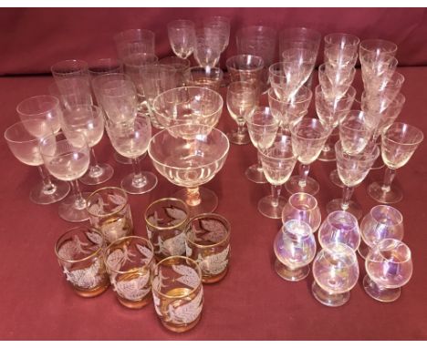 A box of assorted sets of etched &amp; vintage glasses.To include sherry, water and tot glasses.
