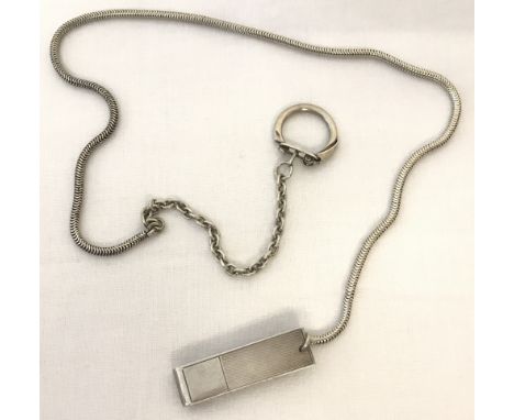 A silver money clip with engine turned decoration on a snake chain with keyring clasp.Hallmarks to both money clip and keyrin