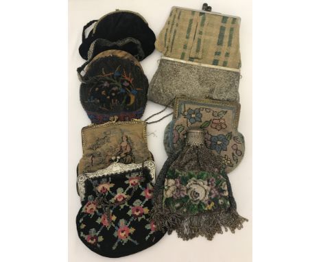 8 vintage tapestry, beaded velvet and tweed evening bags. To include gate neck opening and mother of pearl inlaid clip frame.