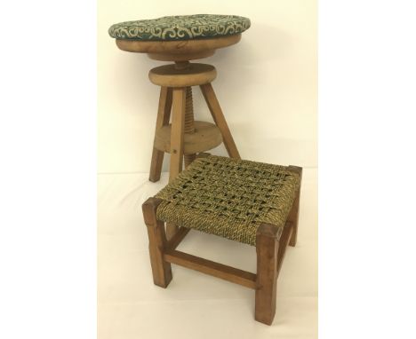 2 vintage light wood stools. A screw top stool with adjustable height and green seat cushion. Together with a small string to