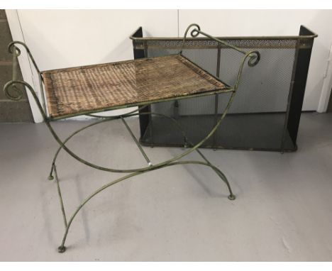 A modern cane seated metal framed stool together with a vintage brass and mesh fire surround. Stool approx. 63cm tall x 71cm 