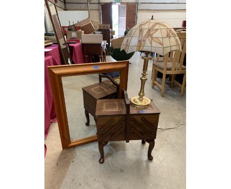 A cantilever workbox, a brass table lamp and a pine framed mirror (3)