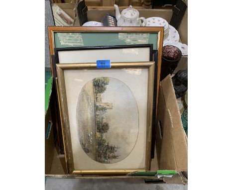 Four late 19th/early 20th century watercolour drawings, a print after Alken and a wood engraving after Hablot Knight Browne (