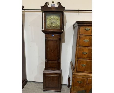 A mid 18th century oak mahogany and inlaid 8 day duration longcase clock, the 12' brass dial signed Batty Storr, York. 81' hi