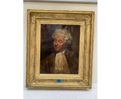 ENGLISH SCHOOL. 19TH CENTURY  A portrait of a gentleman, he in a powdered wig and white stock. Oil on canvas 16½' x 13¼'