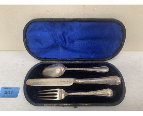 A morocco cased Victorian silver three piece Christening set of fork, knife and spoon. London 1868. 3ozs 8dwts gross. (Knife 