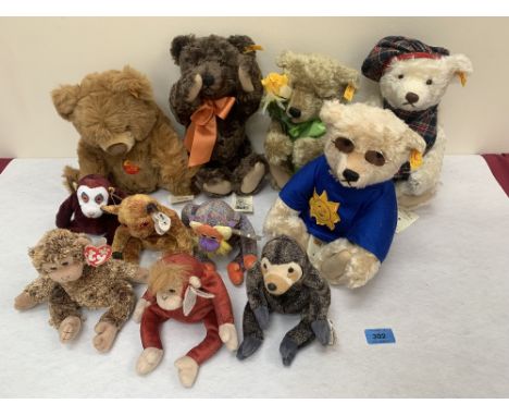 Five medium Steiff teddy-bears and six TY soft toys