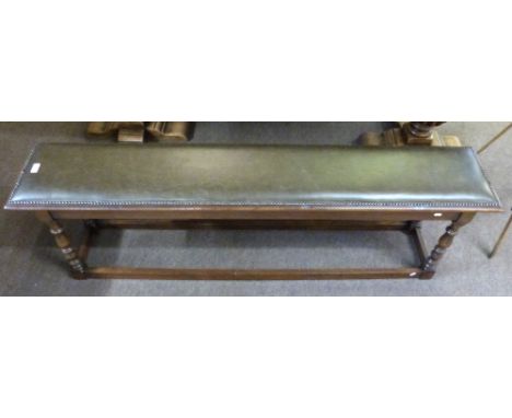 20th century solid oak long bench seat with studded cushioned green leather top with studded surround, length 165cm x 32cm x 